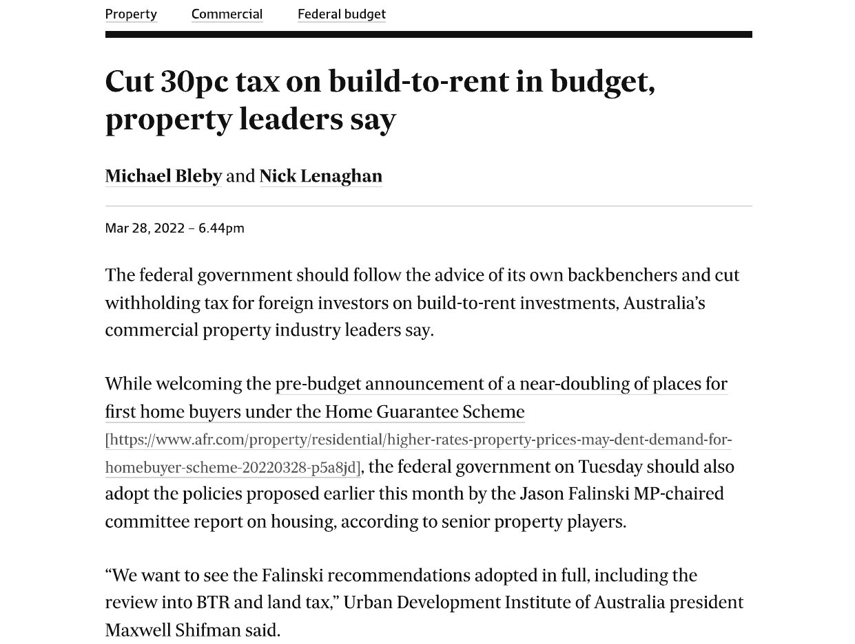 Cut 30pc tax on build-to-rent in budget, property leaders say