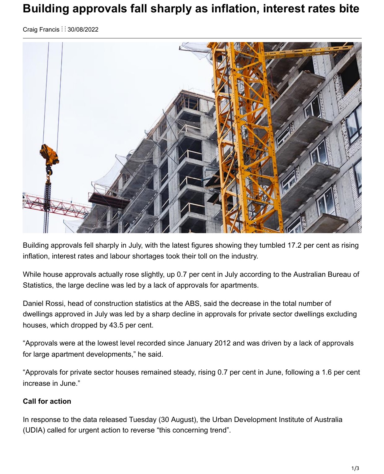 Building approvals fall sharply as inflation, interest rates bite