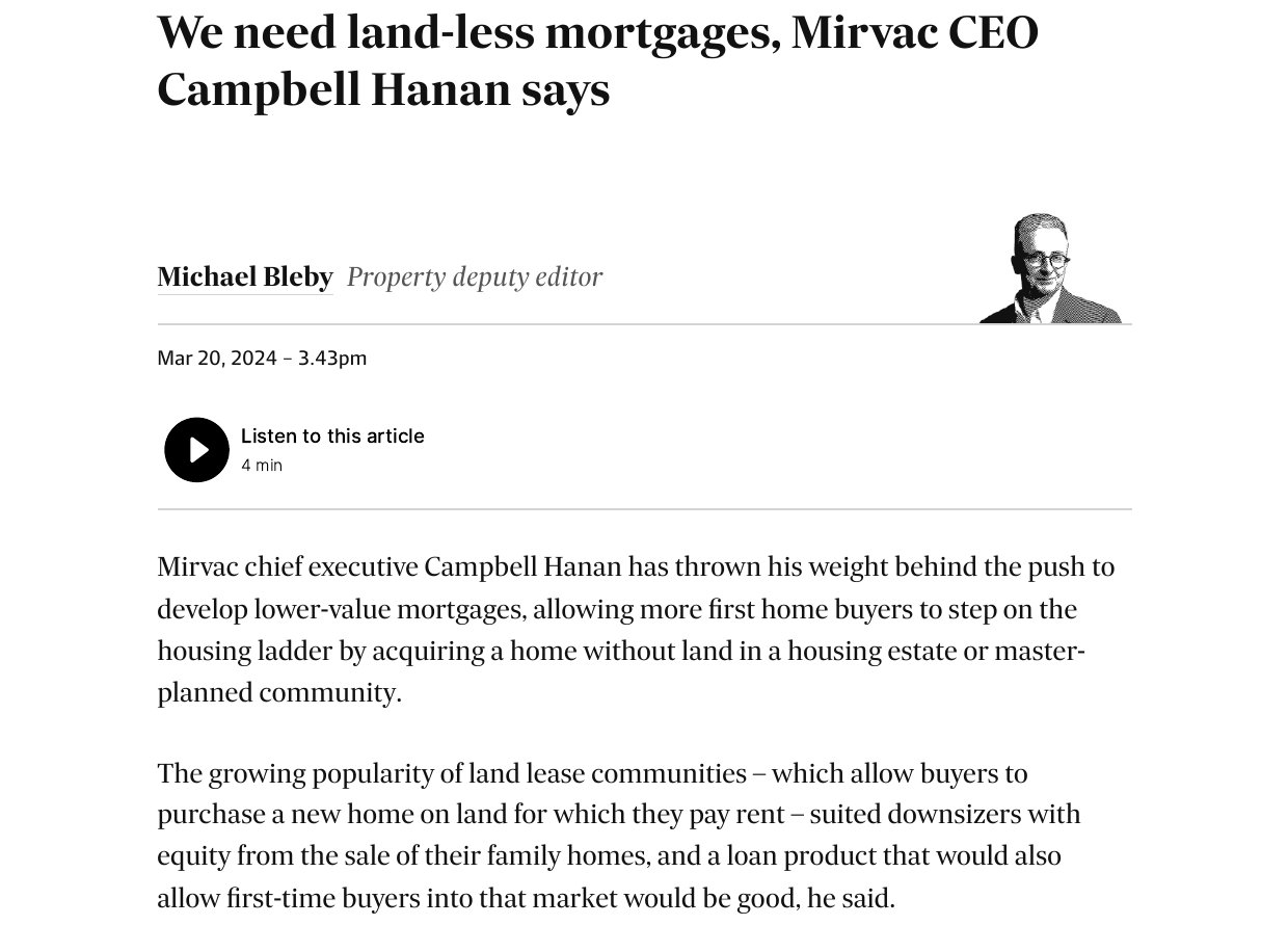 We need land-less mortgages, Mirvac CEO Campbell Hanan says
