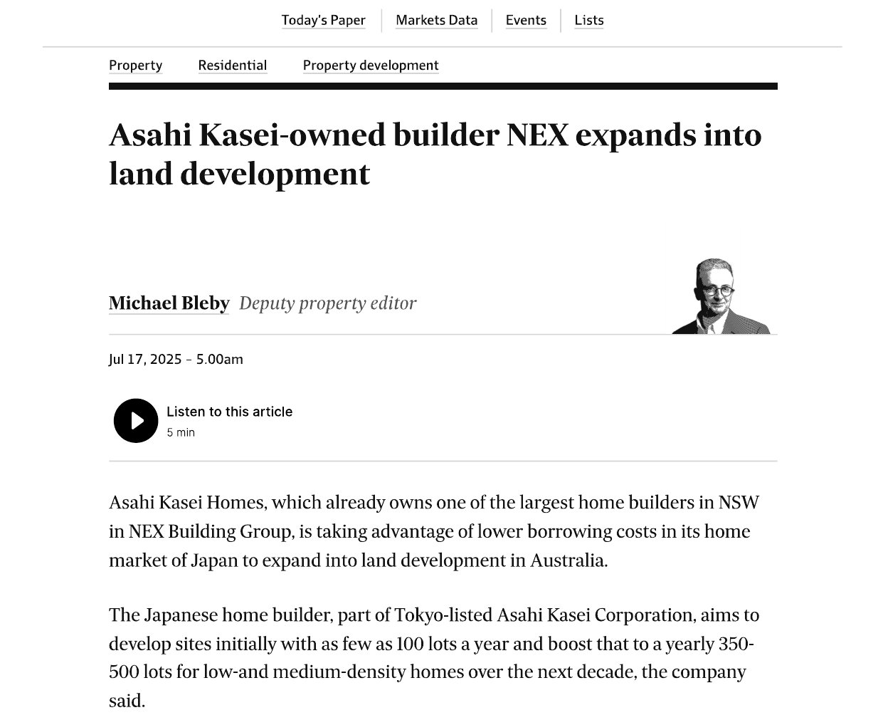Asahi Kasei-owned builder NEX expands into land development